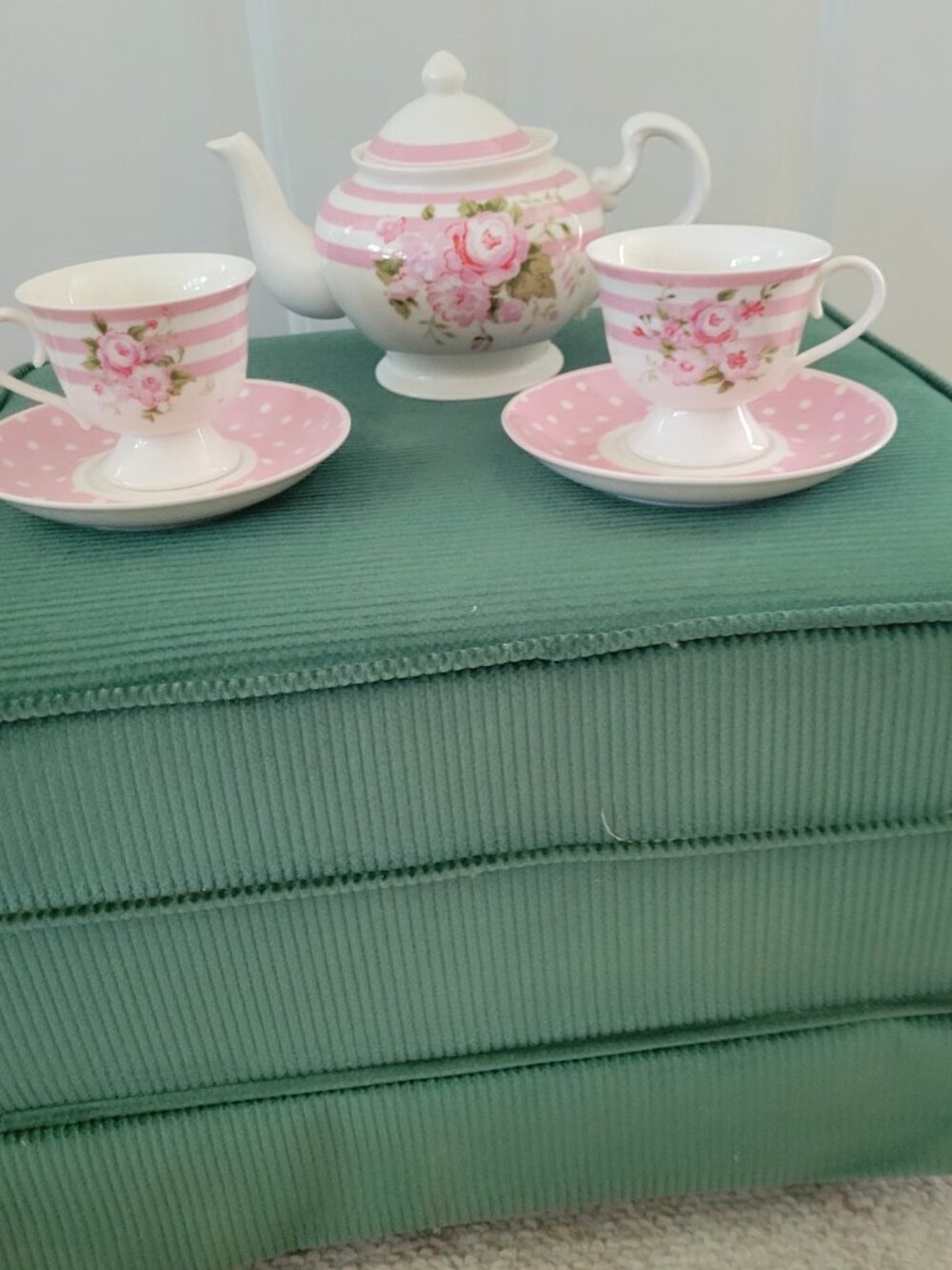 Tea for Two Strioes and Posies Teapot, Cups and Saucers